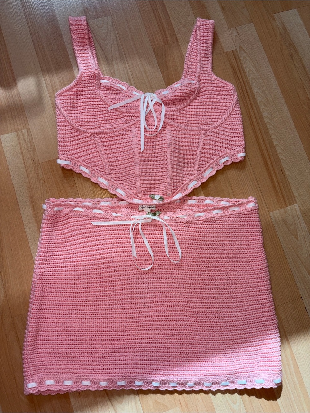For Love And Lemons Pink Crochet Skirt Set